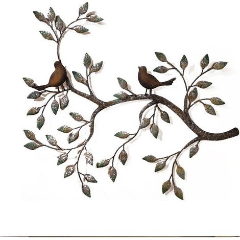 Oiseau Mural Art déco, Une Paire d'oiseaux d'amour sur Les Branches, Sculpture Murale en métal à Suspendre, décoration Murale en Fer forgé rétro,58x48CM (1/5)