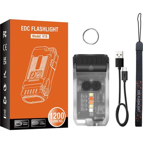 V15 Mini Lampe de Poche Led Ultra Puissante 1200Lm Rechargeable USB C, EDC Petite Lampe Torche Clé Lumière Chaude Rouge Bleu 10 Modes Imperméable IP67 Flashlight Clip [Classe énergétique G] (1/5)