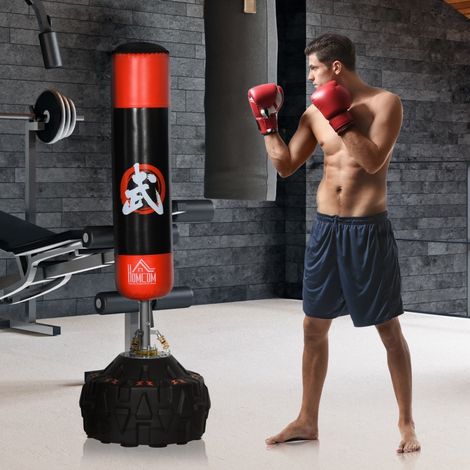 Saco de boxeo de pie (60x60x180 cm), con 10 ventosas, base rellenable, 3 muelles de amortiguación, PU negro (1/4)
