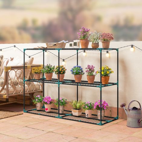 Support à plantes à 3 niveaux, 100 cm de hauteur, étagères en acier vert foncé, structure à plusieurs niveaux.