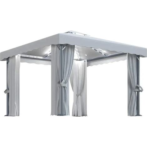 Pavillon d'observation, rideaux et guirlande lumineuse LED de 3 x 3 mètres, blanc cassé. (1/5)