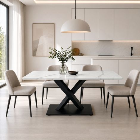 Table à manger rectangulaire pour 6 à 8 personnes plateau marbre blanc. Base métallique noire forme X, structure MDF blanche