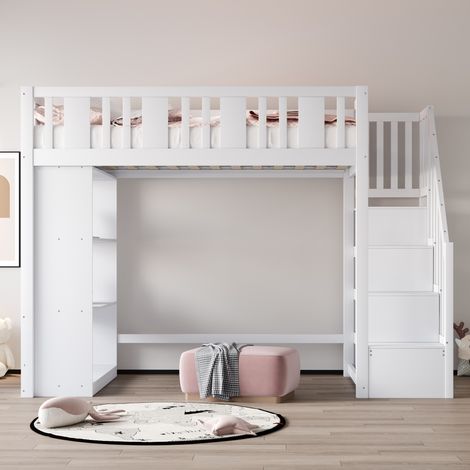 Lit Élevé 90x200cm - Avec Étagères & Échelle de Sécurité - Pour Enfant, Chambre - Blanc (1/5)