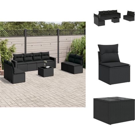 9-tlg. Garten-Sofagarnitur mit Kissen Schwarz Poly Rattan - Gartenmöbel Set - PE-Rattan Möbel - Outdoor Sofa - Esstisch - Lounge Garnitur (1/5)