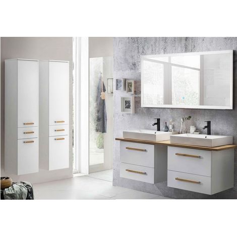 Badezimmermöbel Set mit Doppel-Waschtisch & LED-Spiegel DABO-04 in weiß mit Landhaus Eiche, B/H/T ca. 250/200/50 cm (1/5)