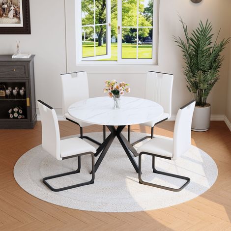 DESMIU Table de salle à manger ronde avec 2 chaises, structure métallique, pour cuisine et salle à manger, blanc (1/5)