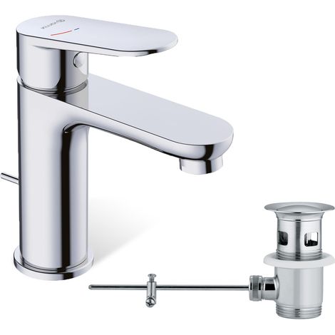 robinet de lavabo chromé avec bonde à tirette, robinet économiseur d'eau de salle de bain taille M, hauteur de bec 95 mm, cartouche en céramique, mitigeur lavabo avec tuyaux de raccordement (1/5)