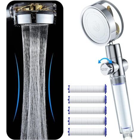 Water and Dirt Saving Shower Head, 360° Rotating High Pressure Propeller Shower Head with 5 Replaceable PP Pads (1/5)