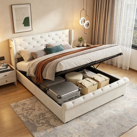 Lit Coffre 140x190 cm avec Lampe de Lecture et Ports USB, Lit Double Rembourré avec Grand Espace de Rangement et Sommier à Lattes, pour Adulte et Adolescent,  Velours Beige (1/5)