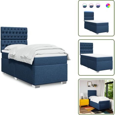The Living Store Sommier à lattes de lit avec matelas Bleu 100x200 cm Tissu - Lit Plateforme - Lit Double - Lit Design - Matelas À Ressorts Ensachés - Éclairage Led