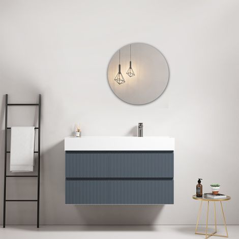 Mobile bagno sospeso cannettato 100 cm Blu Mare Lavabo a Destra in Resina Specchio Tondo - Fiji Paint (1/4)