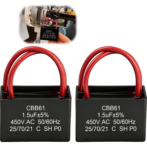 Cbb61 1.5Uf 450V condensateur de démarrage Lot De 2, Condensateur De Marche Boîtier Ignifuge de Universelle moteur AC Ventilateur Plafond Climatiseur Moteur et Hotte Installation Facile (1/5)