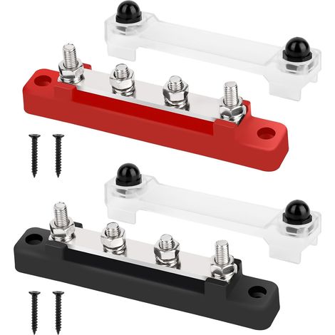 Bloc de distribution électrique en 2 parties, bornier, 12 V-48 V CC, barres omnibus, 150 A, rails de distribution électrique, noir/rouge, avec 4 vis de borne M6 pour voitures, camping-cars, yac (1/5)