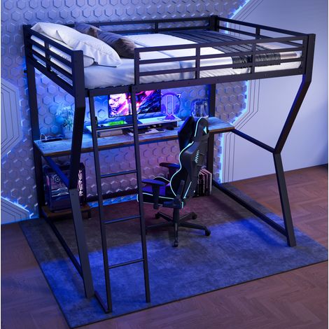 Letto rialzato 140x200 cm con illuminazione LED, scrivania, ripiano per computer, presa elettrica e porta USB, senza materasso, nero (1/5)