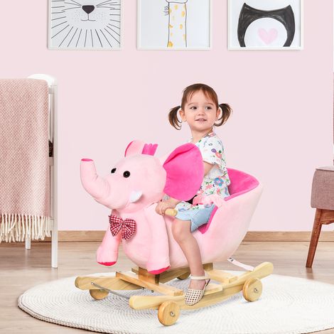 Cheval Bascule Roues Forme Éléphant Bébés Musique Article Enfant +18 mois Rose 60x35x45cm