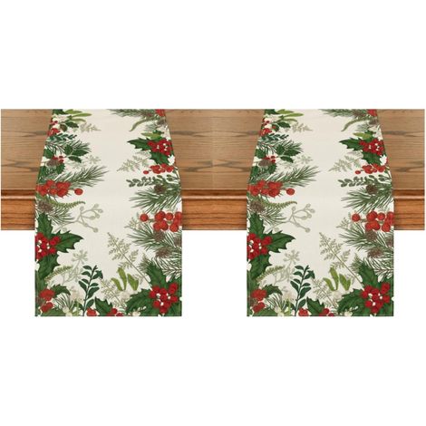 Chemin de table de Noël avec motif houx, 33 x 183 cm Décoration de table hivernale et festive avec motif pommes de pin pour la cuisine (2 pièces) (1/4)