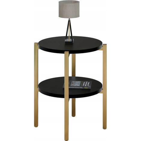 Table de chevet ronde moderne avec étagère 35x35x46 cm métal doré (1/5)