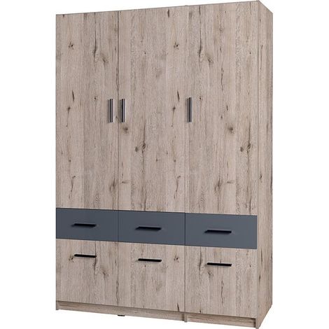 Dreitüriger Schrank und sechs Schubladen der Kollektion FLEX, in Wellington-Eiche und Graphitgrau.