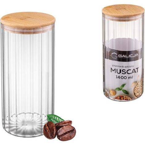 Récipient en verre avec couvercle en bambou, transparent, rainuré, couleur muscat, 1400 ml, pour café, thé, sucre (1/4)