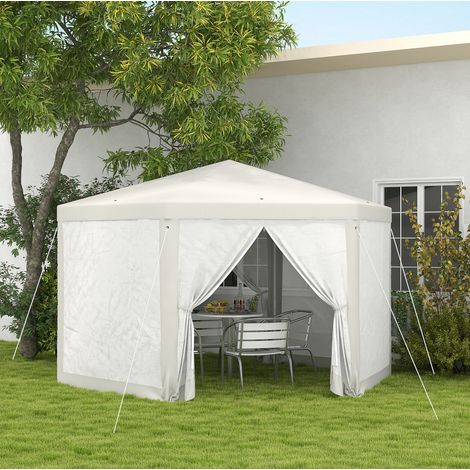 Pavillon de jardin hexagonal 4x4 m avec moustiquaires et 2 panneaux zippés, toit déperlant en tissu, structure en métal crème, pour terrasse – CHICFURN (1/5)