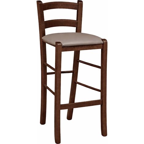 Sgabello in legno noce scuro h 67 cm con seduta imbottita in similpelle tortora