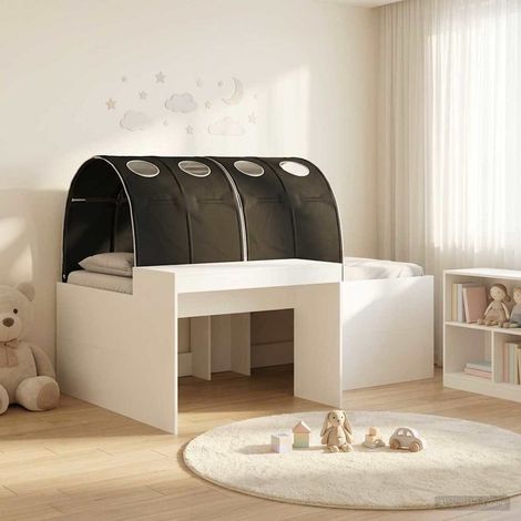 Lit enfant avec bureau intégré et tunnel, 3 pièces, bois d’ingénierie, blanc et noir - PANGIVO (1/5)