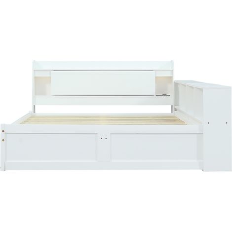 Doppelbett 140 x 200 cm Weiß mit Stauraum, Kopfteil, 2 Lampen und integrierter Steckdose (1/5)