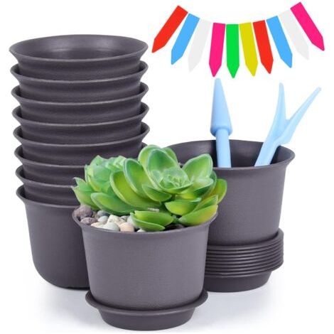 Pot de Plante Ronds avec Soucoupe 9 cm, 10 Pcs Pots de Jardinière et 28xÉtiquettes + 2xOutil, Petit Pot de Fleurs Conteneur de Plantes Pot de Semis Ronds Jardinage pour Interieur, Exterieur (1/5)