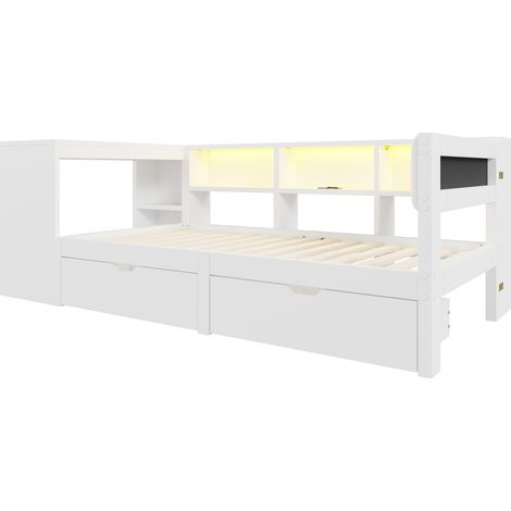 Letto piattaforma 90x200 cm bianco con contenitore, cassetti, ricarica e testiera LED (1/5)