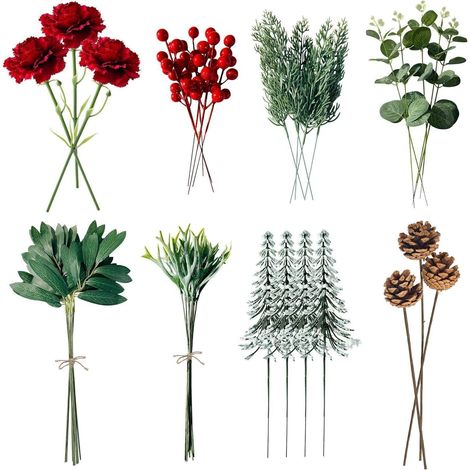 Weihnachtszweige künstlich Eukalyptus Beeren Blätter Rot Gr&xFCn 45 (1/5)