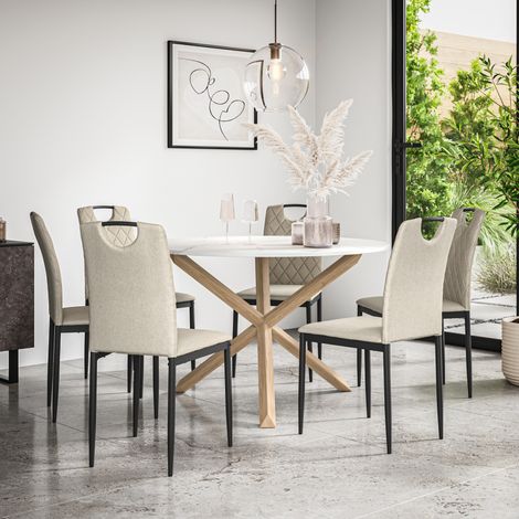Malvern Round Dining Table And Chairs - Marble Table Top w Solid Oak Legs + Monza Fabric Dining Chair Set Of 6 (Beige) (1/5)