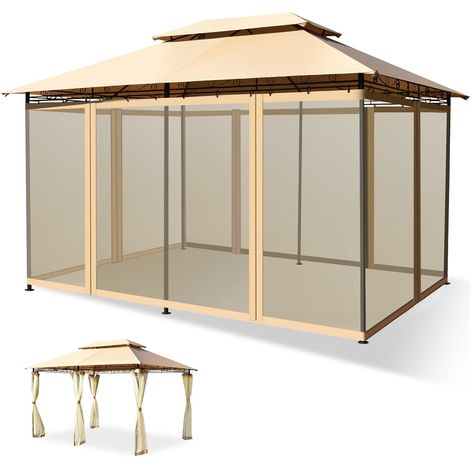 Goplus – Tonnelle de jardin 3,9x2,9M avec double toit et moustiquaires amovibles – Armature métallique robuste – Trous de drainage pour ventilation (1/5)