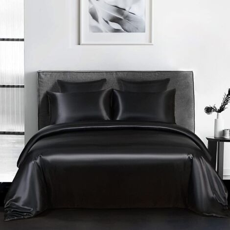 1 Parure De Lit 3 Pièces Housse De Couette 220x240 Cm 2 Taies D'oreiller 65x65 Cm Polyester Satiné Noir Adulte (1/4)