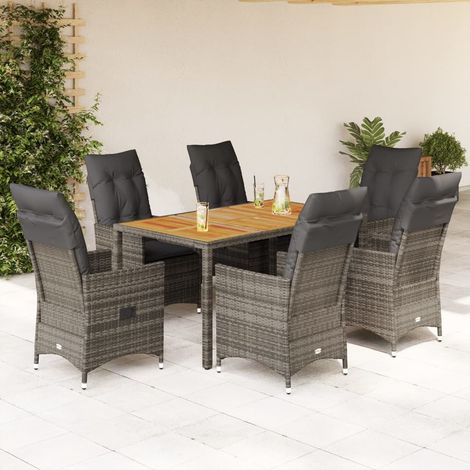 Ensemble repas de jardin 7 pièces avec coussins, 6 fauteuils inclinables en résine tressée, gris - PANGIVO (1/5)