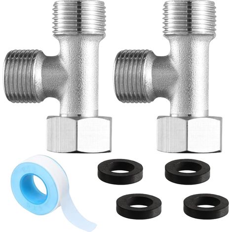 Lot de 2 valves de raccordement 3 voies, valve en T à 3 voies, vanne de raccordement WC 3/8" droite et 1/2" latérale, raccord en T pour réservoir de WC, machine à laver, robinet de douche (1/5)