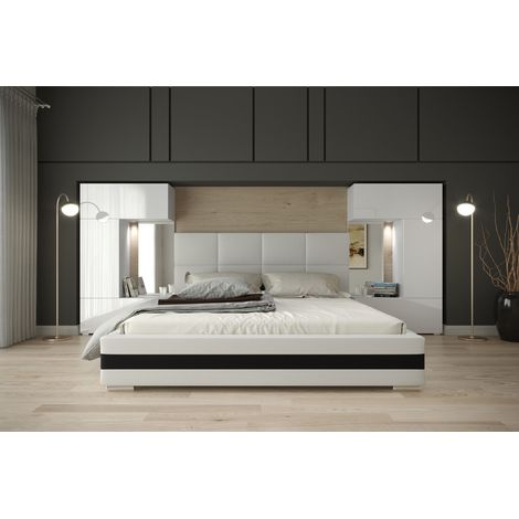 Viva – Tête de lit armoire – pont de lit PANAMA – Largeur 345-385 cm – Hauteur 159 cm – Structure en panneau de particules – Façades en MDF brillant