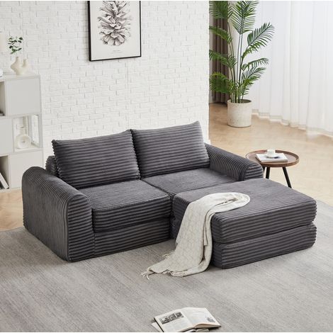Sofá cama modular gris de pana con chaise móvil HAVRYA (1/5)