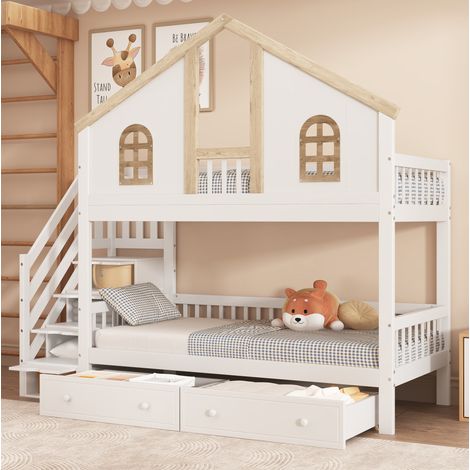 Lit superposé enfant 90 x 200 cm en bois, maison avec fenêtres, escalier de rangement, tiroirs sous le lit inférieur, garde-corps de sécurité, blanc et bois clair – CHICFURN (1/5)