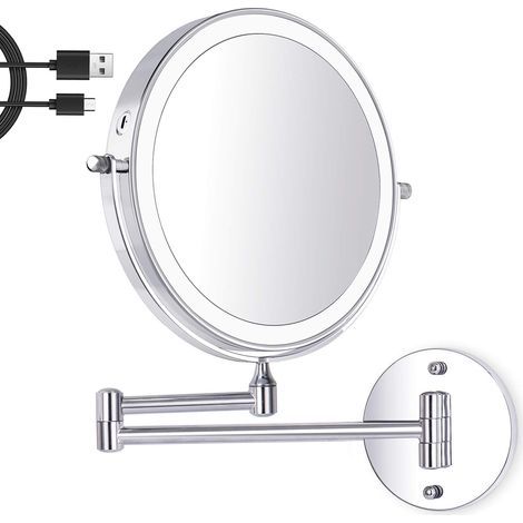 8 Pouces LED Miroir Maquillage Mural, Miroir Grossissant Lumineux, 1X/7X Grossissement 3 Couleurs de Lumière Réglables Charge USB, 360° Pivotant Extensible, pour Salles de Bain et Famille (1/5)