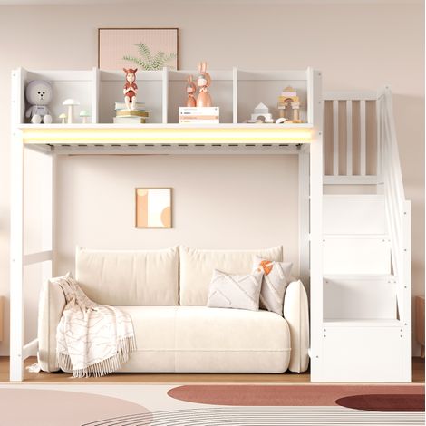 Lit mezzanine 90x200 cm enfant avec LED, rangements et échelle, structure stable pour chambre, bois - blanc (1/5)