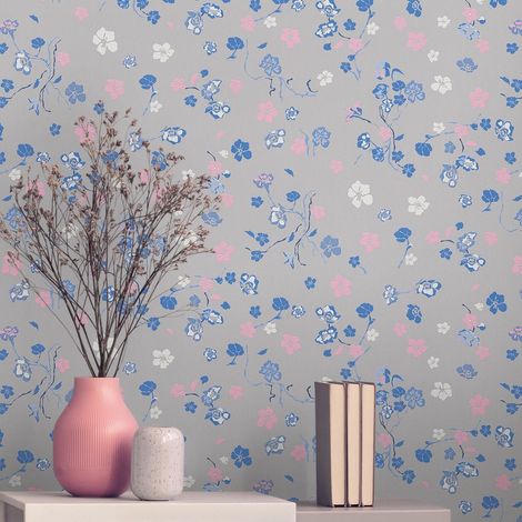Papier peint floral sur fond gris foncé Tapisserie cottage à fleurs roses et bleues Papier peint style botanique idéal pour bureau (1/5)