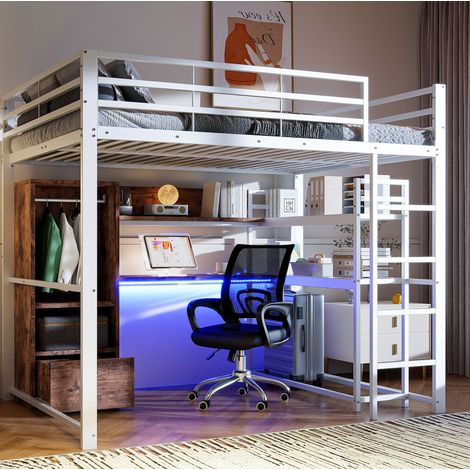 Letto a soppalco moderno 140x200 cm in metallo e MDF bianco con scrivania, 1 cassetto, scaffali, LED e parapetti (1/5)