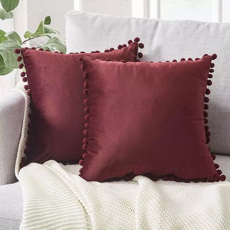 Housse de Coussin en Velours Taie d'oreiller Decorative Boule Fourrure Couleur 2 Pcs Rouge Rose (1/5)