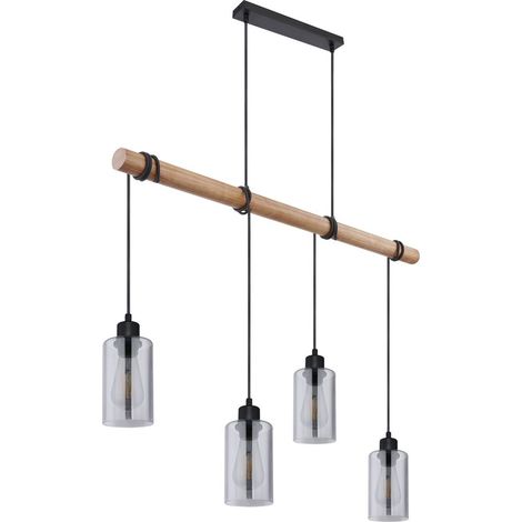 Pendelleuchte Holz Esszimmerlampe Hängeleuchte Holzpendellampe Hängelampe Esstisch, Glas rauch, 4x E27, LxH 98x130 cm, Wohnzimmer