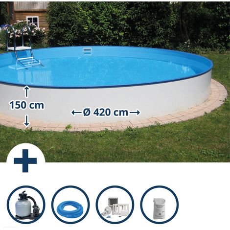 Stahlwandpool Set (6-teilig) hoch rund Baltimore 420 x 150 cm, Stahl 0,8 mm weiß Folie 0,6 mm blau (1/5)