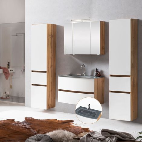 Badezimmer Komplett LAURIA-03 in Wotaneiche Nb. mit matt weiß, inkl. Glasbecken grau und LED-Aufbauleuchte, BxHxT: ca. 200x200x49 cm (1/5)