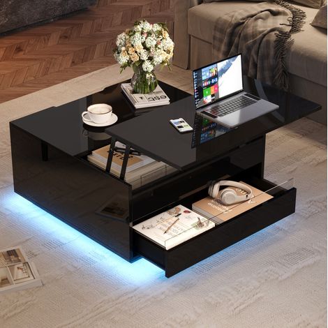 Table Basse Relevable 70x70x38 Cm, Noire, LED, 1 Tiroir, Rangement Caché, Portes Relevables (1/5)