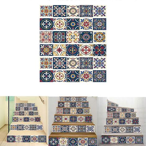 Lot de 6 stickers muraux décoratifs imperméables à motifs floraux pour carrelage, escalier et salle de bain/cuisine. Papier peint adhésif artistique. (1/4)
