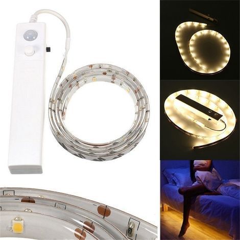 Bande LED sans fil avec détecteur de mouvement, alimentée par piles, 1 m, 2 m ou 3 m, veilleuse à placer sous le lit, dans un placard, une armoire, un escalier ou un couloir. (1/5)