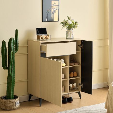 Comanlai - Buffet Meuble à Chaussures d'Entrée 75 cm, Meuble de Rangement avec 2 Portes, 1 Tiroir et Étagères Réglables, Pieds Métal Noir Style Moderne Chêne Clair (1/5)